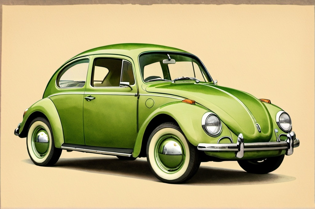 Prompt: a medium green VW Beatle 1965 on a beige background in watercolor style