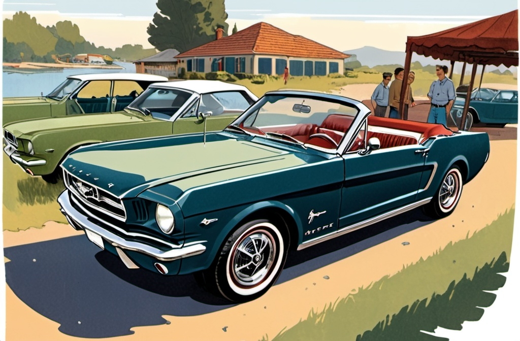 Prompt: Une Ford Mustang cabriolet 1966 de roux, graphic novel illustration,  2d shaded retro comic book