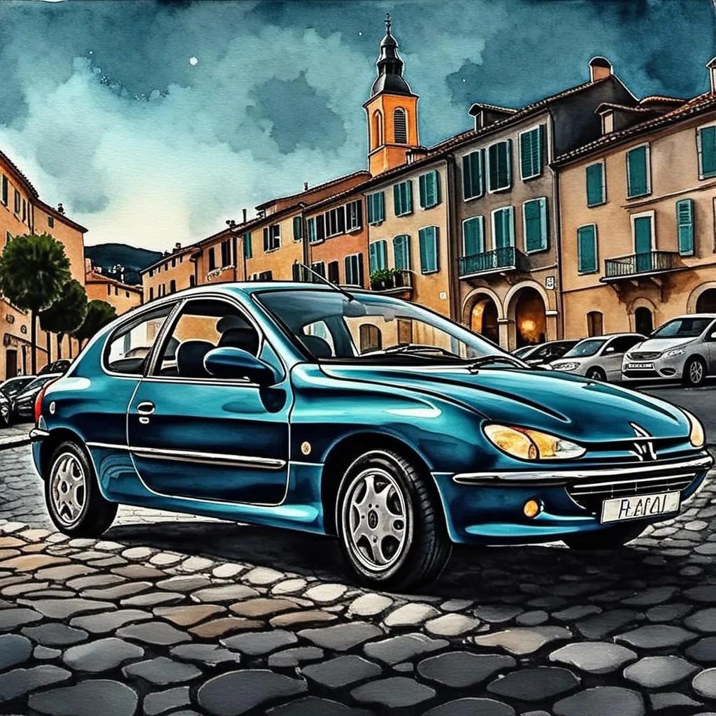 Prompt: A dark turquoise car using <mymodel> in St-Tropez France, blue hour, in watercolor style