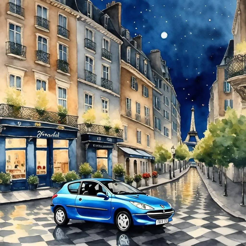 Prompt: A metallic blue <mymodel> is riding in Paris at blue hour in organic watercolor style