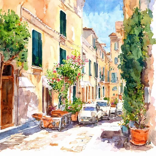 Prompt:  Medieval streets of St-Tropez in sharp organic watercolor style