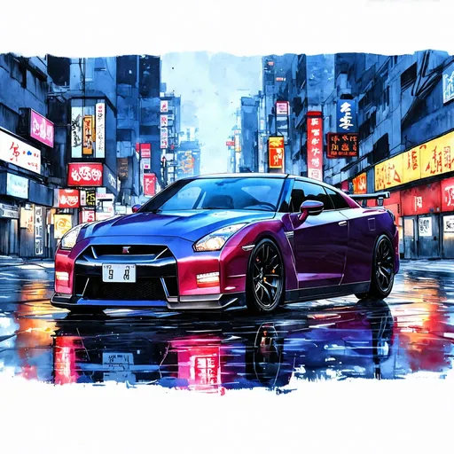 Prompt: Neo-Tokyo theme, [Nissan-GTR-car], blue hour time, wet city-streets setting in watercolor painting style