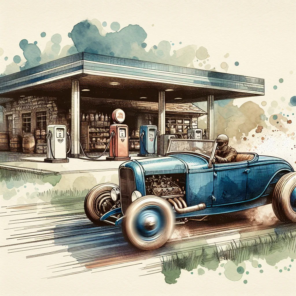 Prompt: (vintage gas station) blue Hot Rod of the 30s with dirt and rust zooming down the road 8k in watercolor style