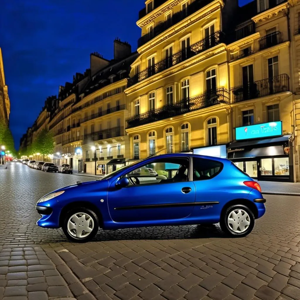 Prompt: A metallic blue <mymodel> is riding in Paris at blue hour in a tarau card style