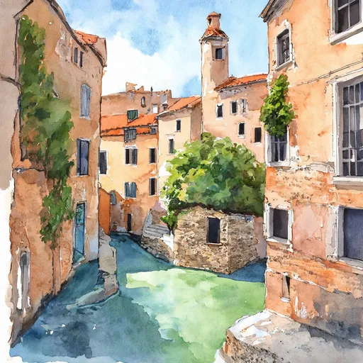 Prompt:  Medieval buildings of St-Tropez in sharp organic watercolor style