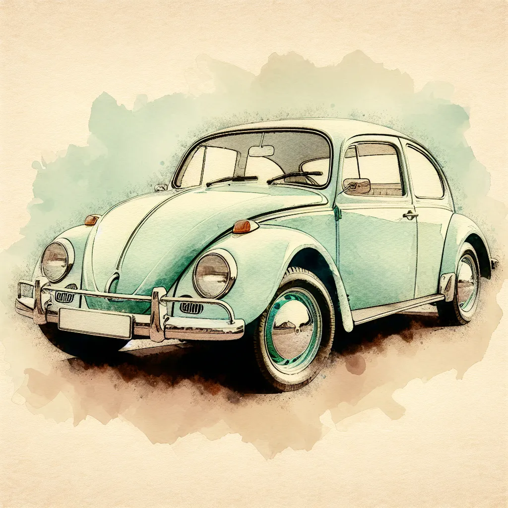 Prompt: a pastel green VW Beatle 1965 on a beige background in watercolor style, with a darker vignette effect around the car 