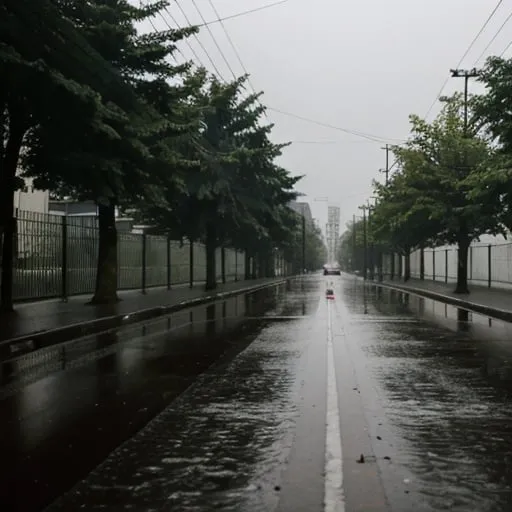 Prompt: A row of trees and street lights down the city street in a rainy late afternoon, The viewpoint should be perpendicular to the street