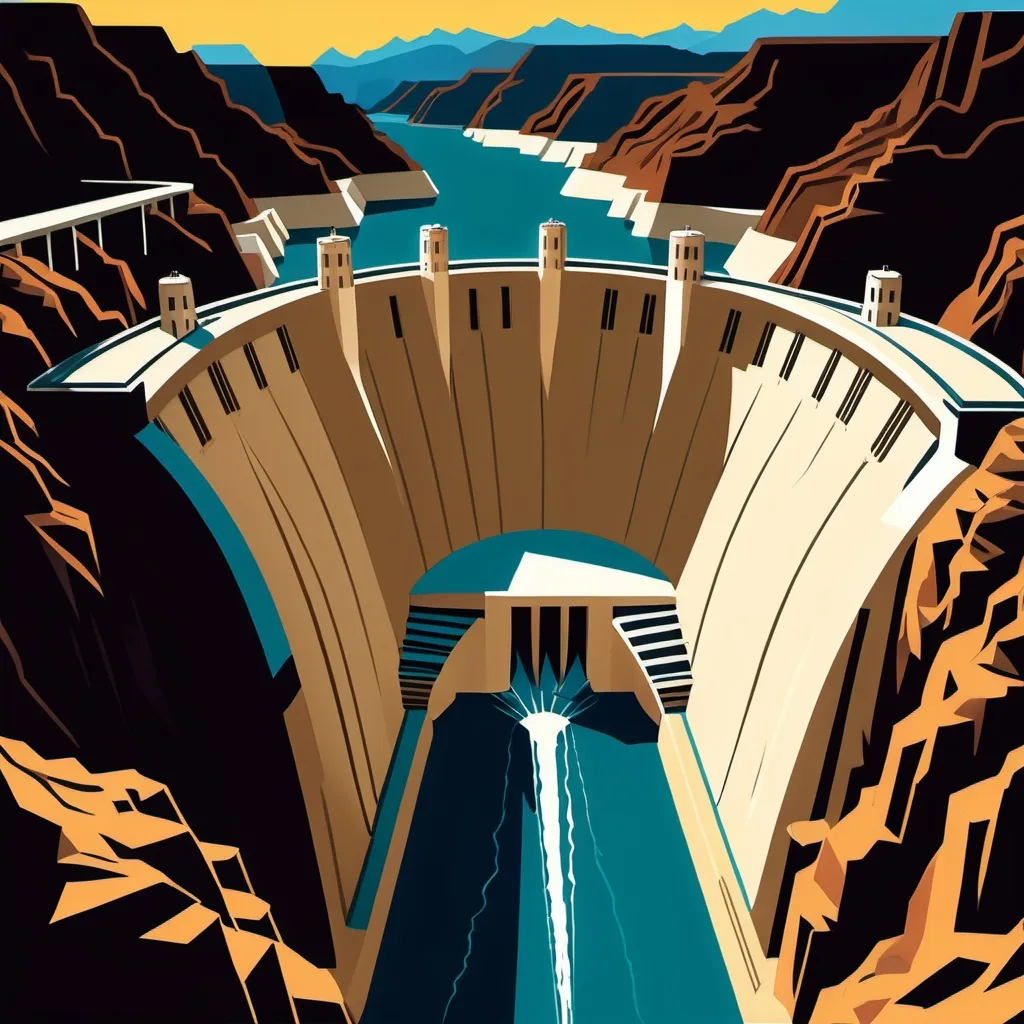 Prompt: Art deco style painting of the hoover dam. Please use typical art deco colors and style.