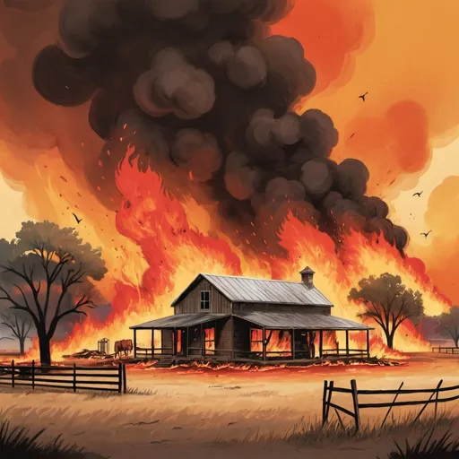 Prompt: Illustration of a Texas ranch on fire due to a wildfire.