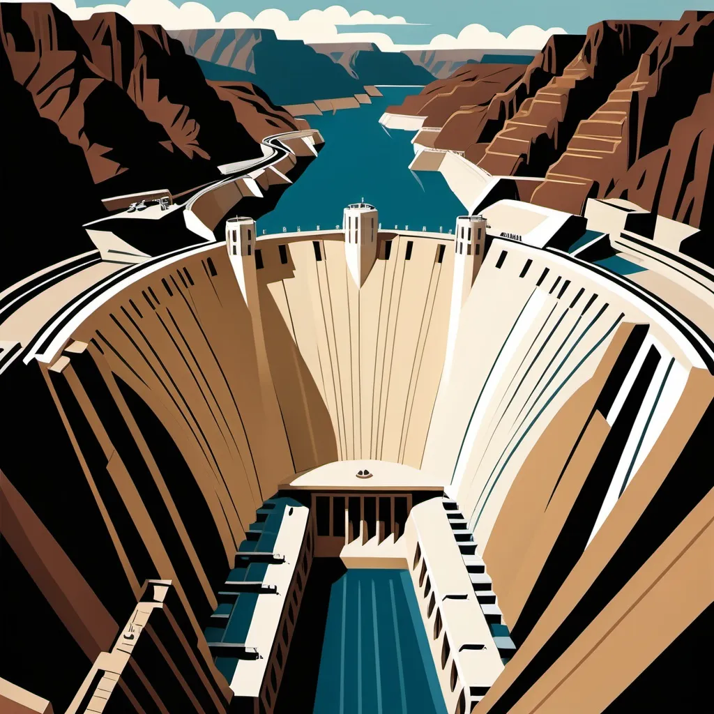 Prompt: Art deco style painting of the hoover dam. Please use typical art deco colors and style.