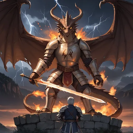 Prompt: "An epic scene in a medieval fantasy world, where a brave lady knight in shining silver armor, holding a glowing sword, faces off against a fierce, fire-breathing dragon. The dragon is massive, with dark green, scaly skin, large wings, and sharp claws. They're fighting on a rocky cliffside overlooking a vast, misty valley. The sky is dark with storm clouds, and lightning illuminates the battlefield. The knight's armor reflects the fire from the dragon's breath as she courageously charges forward. In the background, a ruined castle can be seen with distant mountains towering on the horizon."