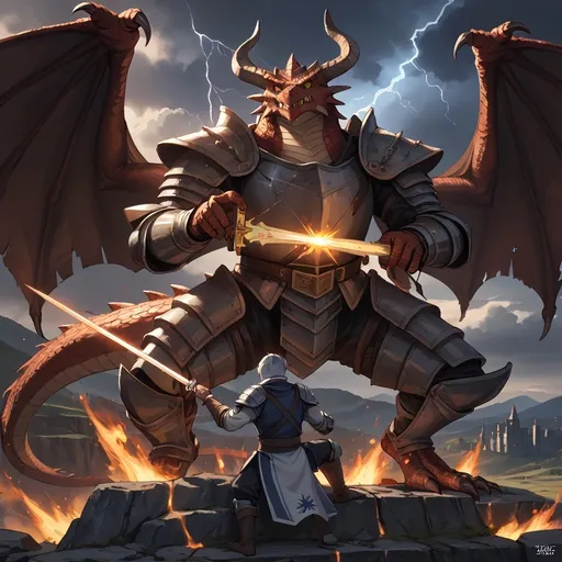 Prompt: "An epic scene in a medieval fantasy world, where a brave lady knight in shining silver armor, holding a glowing sword, faces off against a fierce, fire-breathing dragon. The dragon is massive, with dark green, scaly skin, large wings, and sharp claws. They're fighting on a rocky cliffside overlooking a vast, misty valley. The sky is dark with storm clouds, and lightning illuminates the battlefield. The knight's armor reflects the fire from the dragon's breath as she courageously charges forward. In the background, a ruined castle can be seen with distant mountains towering on the horizon."