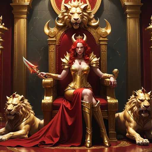 Prompt: One demon lady, golden throne room, Horns, crown on head, royalty formal dress red and golden accents, weapon on lap, Red/ Golden hair, subordinates kneeling on the floor, grinning with open mouth, Lion laying down on the right of the throne, well lit room, highly detailed, with expensive jewelry on,