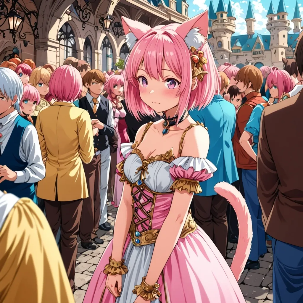 Prompt: anime, lady, detailed, pink hair, shy, cat ears, very detail, cat tail, fantasy world, fancy dress in a crowd public space