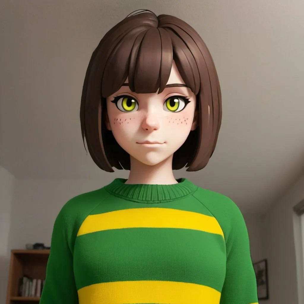 Prompt: Chara from Undertale wearing green sweater with horizontal yellow line