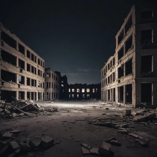 Prompt: desolate abandoned dark destroyed in ruins night time destroyed buildings with chunks missing city