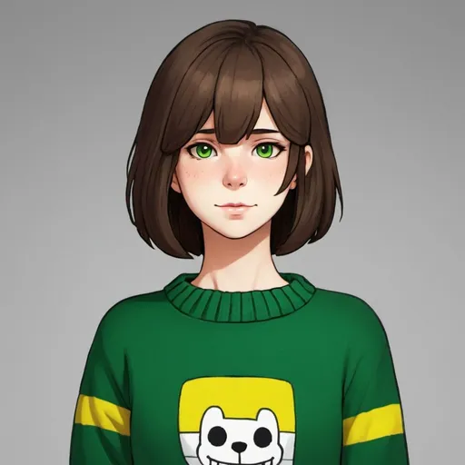 Prompt: Chara from Undertale wearing green sweater with horizontal yellow line