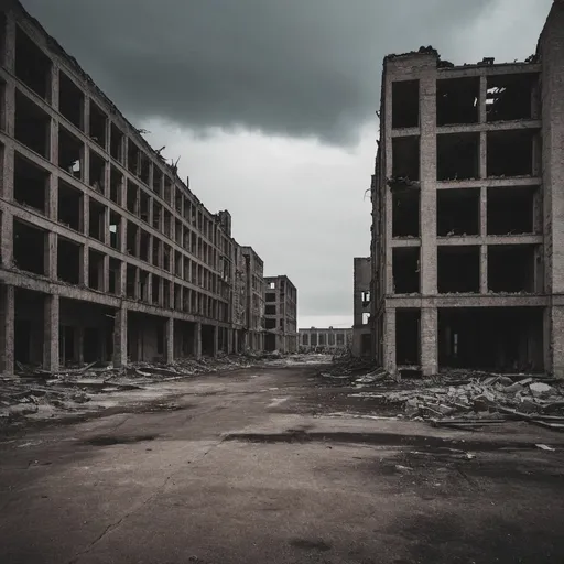 Prompt: desolate abandoned dark destroyed in ruins destroyed buildings city