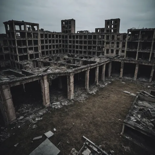 Prompt: desolate abandoned dark destroyed in ruins destroyed buildings city