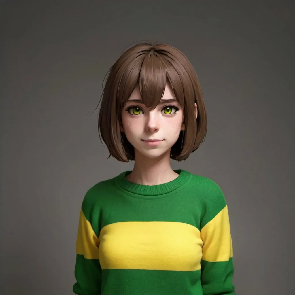 Prompt: chara from Undertale wearing a green sweater with yellow stripe anime
