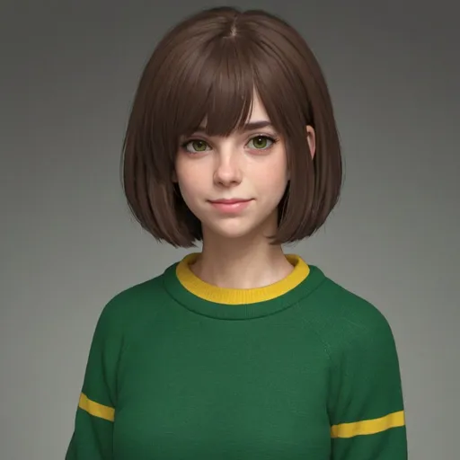 Prompt: Chara from Undertale wearing green sweater with horizontal yellow line