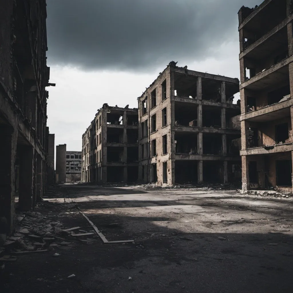 Prompt: desolate abandoned dark destroyed in ruins destroyed buildings city