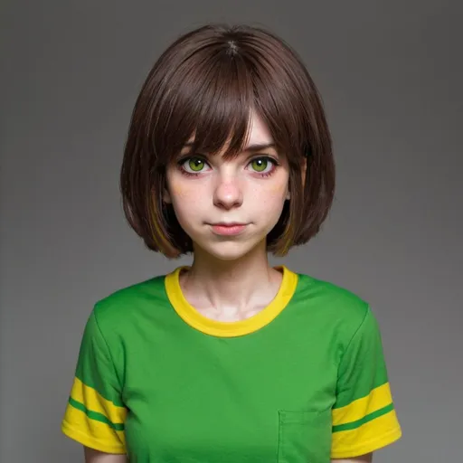 Prompt: Chara from Undertale wearing green shirt with yellow stripe 