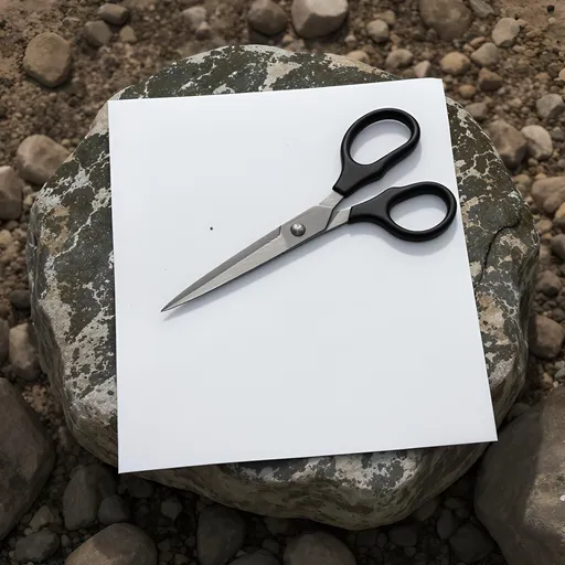 Prompt: An image of a paper lying flat on a rock with. a pair of scissors on top of the paper
