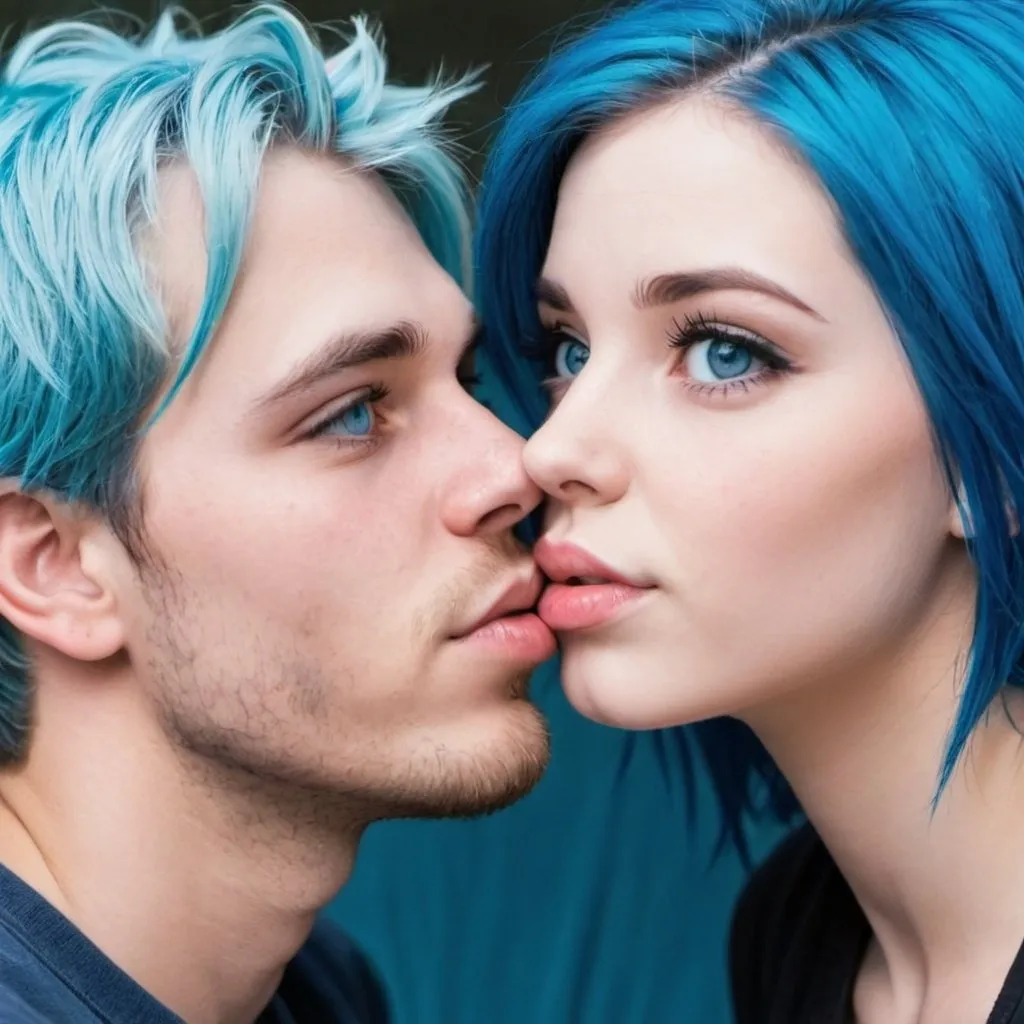 Prompt: a cute  out blue eyes and blue hair kissinng her boyfriend