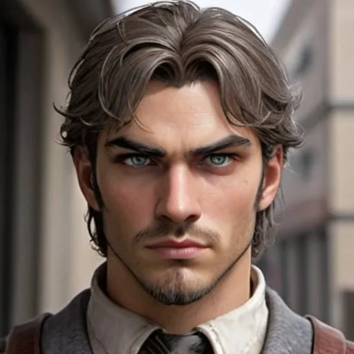 Prompt: Caelum Fieldsong is an imposing figure, standing tall with a commanding presence. He has a well-defined, muscular build, accentuated by broad shoulders. His short, light brown hair is neatly cropped, complementing his practical and disciplined demeanor. Thick, black eyebrows frame stormy gray eyes that convey determination. A rugged stubble beard adds a battle-worn edge to his sharp facial features. Caelum's overall appearance reflects strength, resilience, and a certain warmth that becomes evident in his interactions.