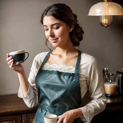 Prompt: Fantasy illustration of a serene nurse, vintage oil painting, cozy breakroom setting, warm lighting, detailed lace apron, ornate coffee cup, relaxing ambiance, high quality, vintage fantasy, serene nurse, vintage oil painting, cozy atmosphere, warm lighting, detailed apron, ornate coffee cup, relaxing, calming