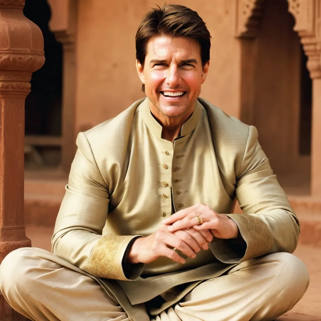 Prompt: Tom cruise sitting on a gaddi with gajra in his hand wearing kurta jacket and ready to sing kawwaali