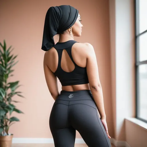 Prompt: Muslim woman wearing crop top and yoga pants from behind