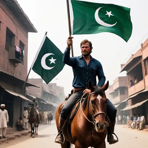 Prompt: Arthur Morgan riding horse in Lahore Pakistan grabbing Pakistani flag 