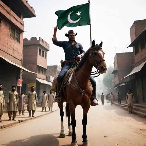 Prompt: Arthur Morgan riding horse in Lahore Pakistan grabbing Pakistani flag 