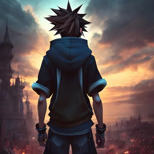 Prompt: back-facing, artistic photo of Sora, kingdom hearts, detailed clothing, high quality, digital art, cool tones, atmospheric lighting, colorful, subset background