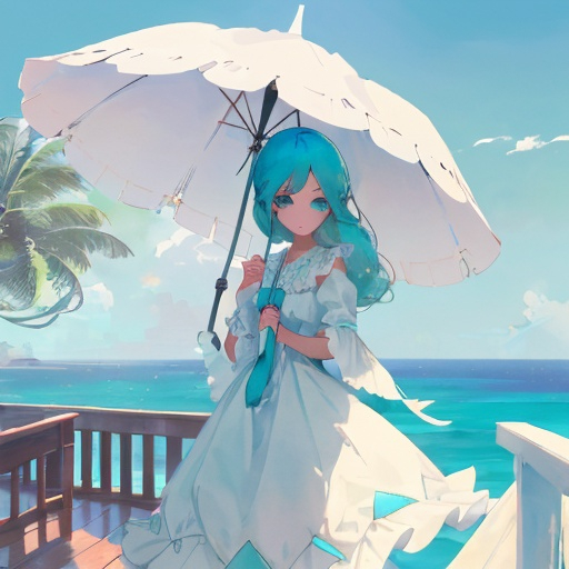 Prompt:  A woman in a white dress and a white parasol climbed onto the deck.  As the cool sea breeze slightly lifted the parasol, turquoise hair emerged.