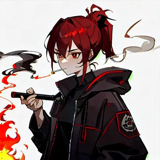 Prompt: red ponytail hair, brown eyes, low-necked black collarless shirt, Hooded jacket, holding lighter, arson, smoking pipe, snicker, carrying flamethrower, burning, hot, handling bottle with flammable material, gloomy, psychopath, mental disease, psychopathy, illness, manhera, 