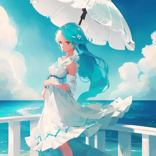 Prompt:  A woman in a white dress and a white parasol climbed onto the deck.  As the cool sea breeze slightly lifted the parasol, turquoise hair emerged.