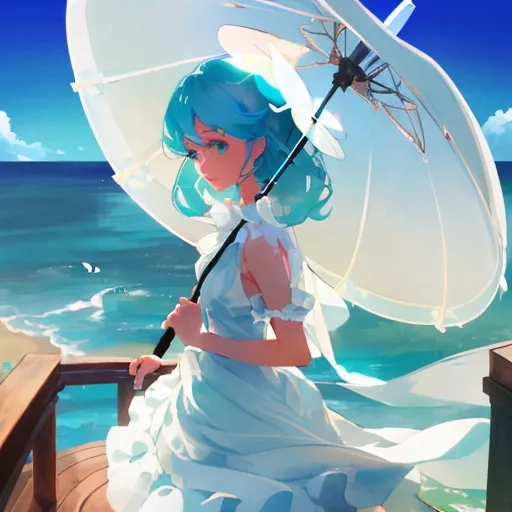 Prompt:  A woman in a white dress and a white parasol climbed onto the deck.  As the cool sea breeze slightly lifted the parasol, turquoise hair emerged.