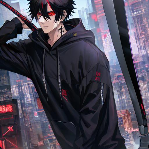 Prompt: Black hair with a cut on his face, cyberpunk city, holding scythe, hoodie, highly detailed,