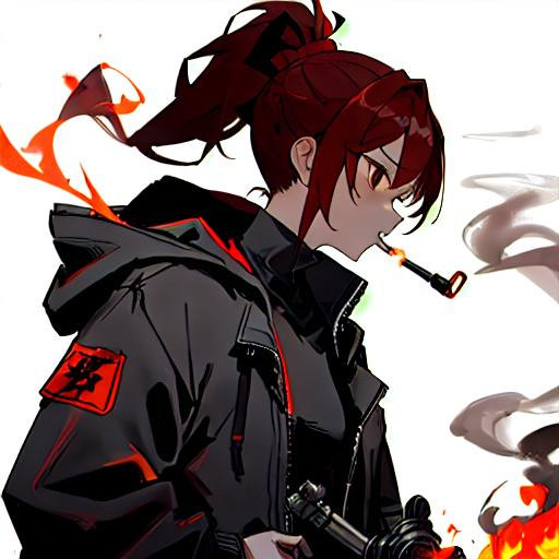 Prompt: red ponytail hair, brown eyes, low-necked black collarless shirt, Hooded jacket, holding lighter, arson, smoking pipe, snicker, carrying flamethrower, burning, hot, handling bottle with flammable material, gloomy, psychopath, mental disease, psychopathy, illness, manhera, 