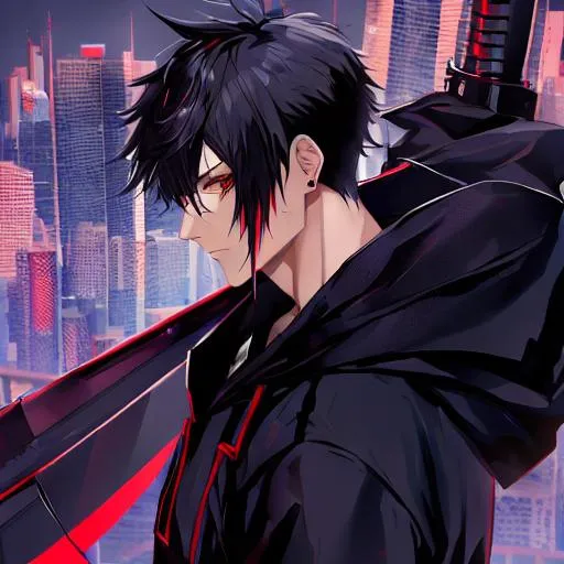 Prompt: Black hair with a cut on his face, cyberpunk city, holding scythe, hoodie, highly detailed,