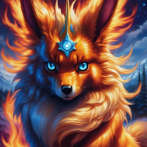 Prompt: {Flareon}, brilliant {blue eyes}, flame, fire element, feral, detailed artwork, beautiful oil painting, 64k, detailed background, snowy field, frost, deep starry sky, brilliant sunrise sky, big golden ears, beautiful dark muzzle, big beautiful 8k eyes, brave, vivid colors, thick fluffy fur, glowing fiery aura, thick billowing mane, intricately detailed fur, beautiful detailed eyes, , by Anne Stokes, golden ratio, perfect proportions, vibrant, hyper detailed, complementary colors, UHD, beautiful detailed background