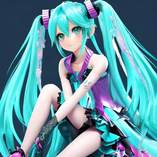 Prompt: Hatsune Miku seated elegantly, digital art, detailed hair and outfit, vibrant and colorful, anime style, elegant posture, crystal-clear high quality, digital art, elegant, colorful, vibrant, anime, detailed, professional