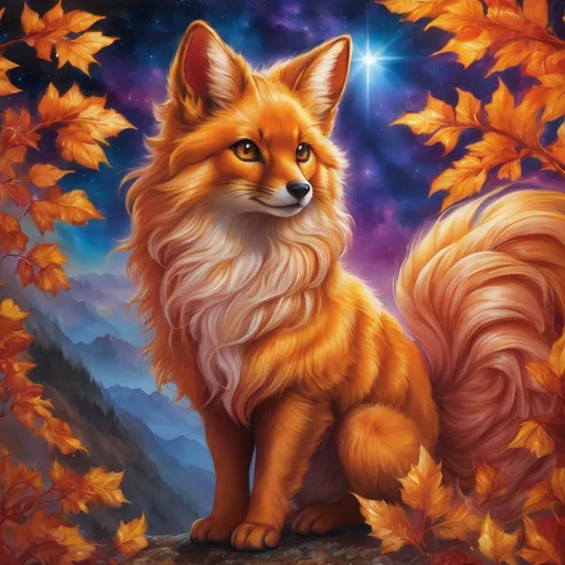 Prompt: {Vulpix}, gleaming hypnotic {chocolate brown eyes}, flame, fire element, feral, frost, detailed artwork, beautiful oil painting, 64k, detailed background, aspen leaves, deep starry sky, lush cliffside, brilliant sunrise sky, big golden ears, beautiful {golden brown muzzle}, luxurious {golden brown pelt}, big beautiful 8k eyes, mischievous, vivid colors, thick fluffy fur, glowing fiery aura, fire princess, bashful rosy cheeks, timid, bright rosy cheeks, thick billowing mane, intricately detailed fur, beautiful detailed eyes, , by Anne Stokes, golden ratio, perfect proportions, vibrant, hyper detailed, complementary colors, UHD, beautiful detailed background