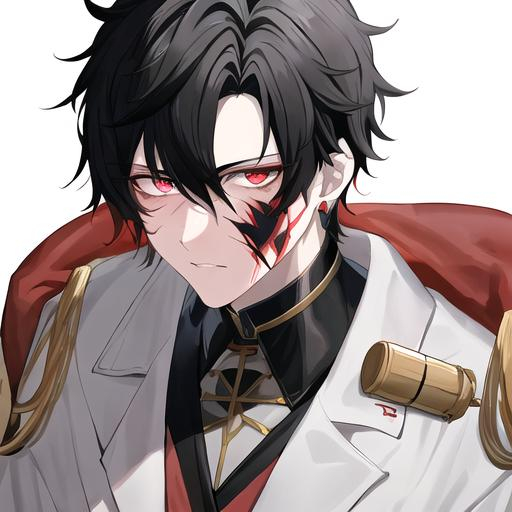 Prompt: Oxen 1male. He has short black hair. He has {{{slanted and serious red-colored eyes.}} He has a stern yet comforting look. His face is covered in scars. He is wearing a lab coat and holding flasks. UHD, 4K.  Handsome. Highly detailed face. He is 26 years old. Scientist