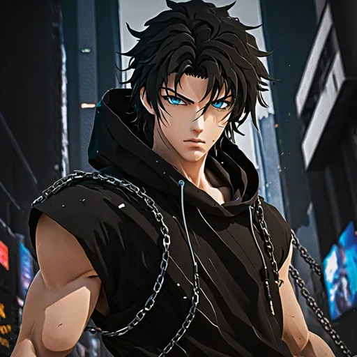 Prompt: (masterpiece), (anime style), majestic, imposing, looking toward camera, dynamic pose, messy black hair, young, blue eyes, dynamic lighting, highly detailed, (epic proportion, epic composition), modern intricate background, depth of field, professional, black sleeveless hoodie, black pants with chains on it