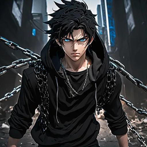 Prompt: (masterpiece), (anime style), majestic, imposing, looking toward camera, dynamic pose, messy black hair, young, blue eyes, dynamic lighting, highly detailed, (epic proportion, epic composition), modern intricate background, depth of field, professional, black sleeveless hoodie, black pants with chains on it