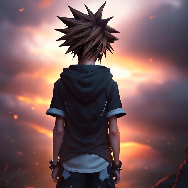 Prompt: back-facing, artistic photo of Sora, kingdom hearts, detailed clothing, high quality, digital art, cool tones, atmospheric lighting, colorful, subset background